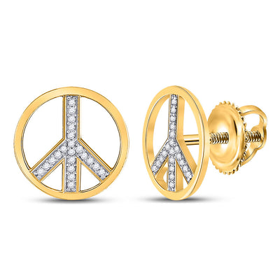10kt Yellow Gold Womens Round Diamond Peace Sign Circle Earrings 1/6 Cttw
