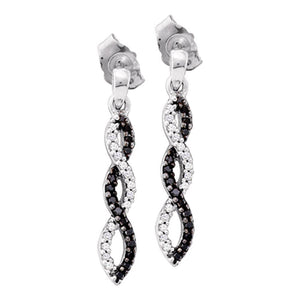 10kt White Gold Womens Round Black Color Enhanced Diamond Twist Dangle Earrings 1/6 Cttw