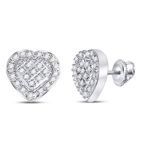 Sterling Silver Womens Round Diamond Heart Earrings 1/20 Cttw