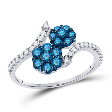 10kt White Gold Womens Round Blue Color Enhanced Diamond Double Flower Cluster Ring 3/4 Cttw