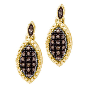 10kt Yellow Gold Womens Round Brown Diamond Dangle Earrings 1/3 Cttw