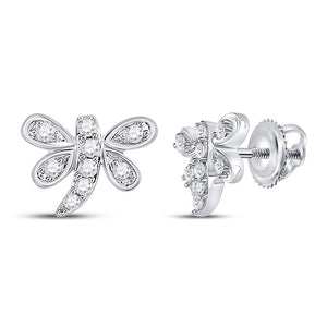 10kt White Gold Womens Round Diamond Butterfly Bug Earrings 1/8 Cttw