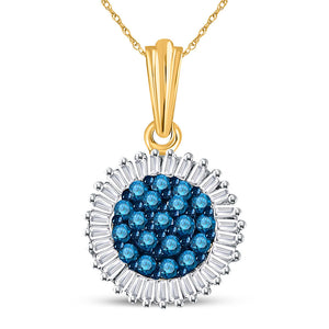 10kt Yellow Gold Womens Round Blue Color Enhanced Diamond Cluster Pendant 1/2 Cttw
