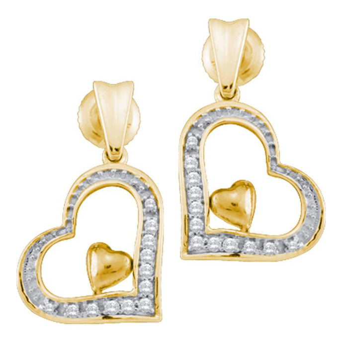 10k Yellow Gold Round Diamond Heart Dangle Stud Earrings 1/10 Cttw