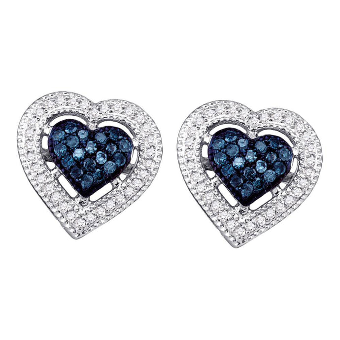 10kt White Gold Womens Round Blue Color Enhanced Diamond Heart Earrings 3/8 Cttw