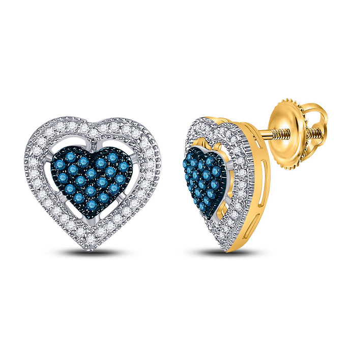 10kt Yellow Gold Womens Round Blue Color Enhanced Diamond Heart Earrings 3/8 Cttw