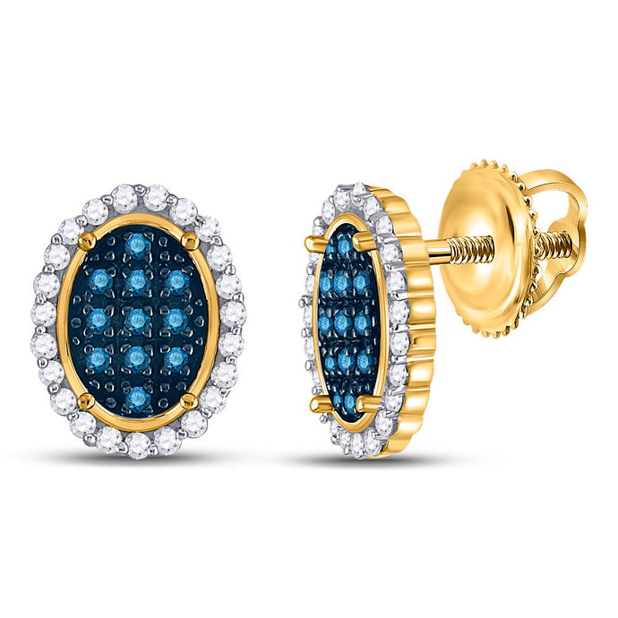 10kt Yellow Gold Womens Round Blue Color Enhanced Diamond Oval Earrings 1/3 Cttw
