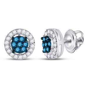 10k White Gold Womens Round Blue Color Enhanced Diamond Cluster Stud Earrings 1/4 Cttw