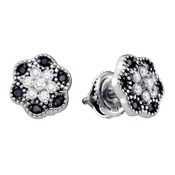 10k White Gold Black Color Enhanced Diamond Womens Flower Cluster Stud Earrings 1/3 Cttw