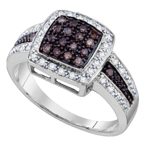 10kt White Gold Womens Round Brown Diamond Square Cluster Ring 1/2 Cttw