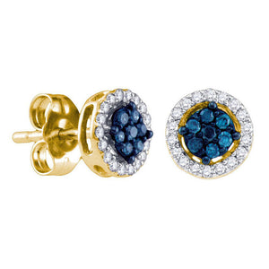 14k Yellow Gold Womens Round Blue Color Enhanced Diamond Cluster Stud Earrings 1/4 Cttw