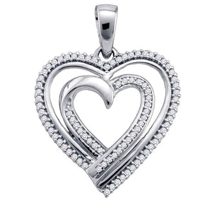 10kt White Gold Womens Round Diamond Double Nested Heart Pendant 1/4 Cttw