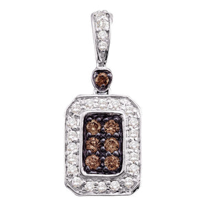 10kt White Gold Womens Round Brown Diamond Rectangle Cluster Pendant 1/4 Cttw