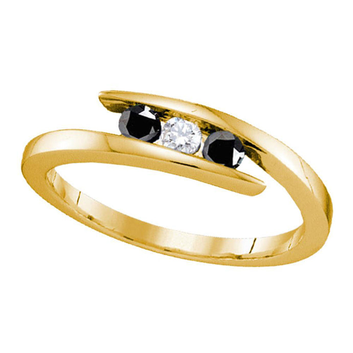 Yellow-tone Sterling Silver Round Black Diamond 3-stone Bridal Wedding Ring 1/4 Cttw