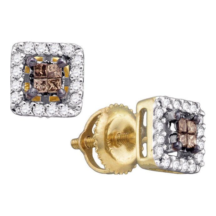 14kt Yellow Gold Womens Princess Brown Diamond Square Earrings 1/3 Cttw