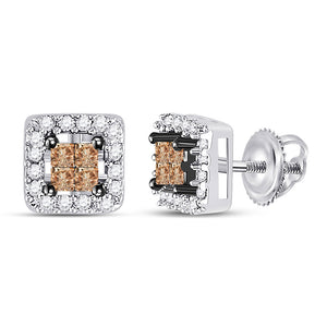 14kt White Gold Womens Princess Brown Diamond Square Earrings 1/3 Cttw