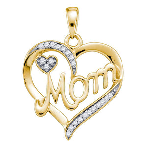 10kt Yellow Gold Womens Round Diamond Mom Mother Heart Pendant 1/10 Cttw