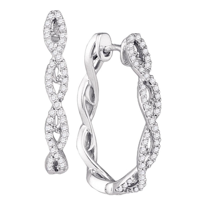 10k White Gold Round Diamond Womens Symmetric Woven Luxury Hoop Earrings 1/2 Cttw