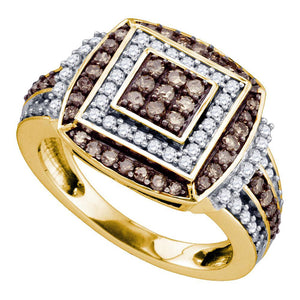 10kt Yellow Gold Womens Round Brown Diamond Square Cluster Ring 1 Cttw