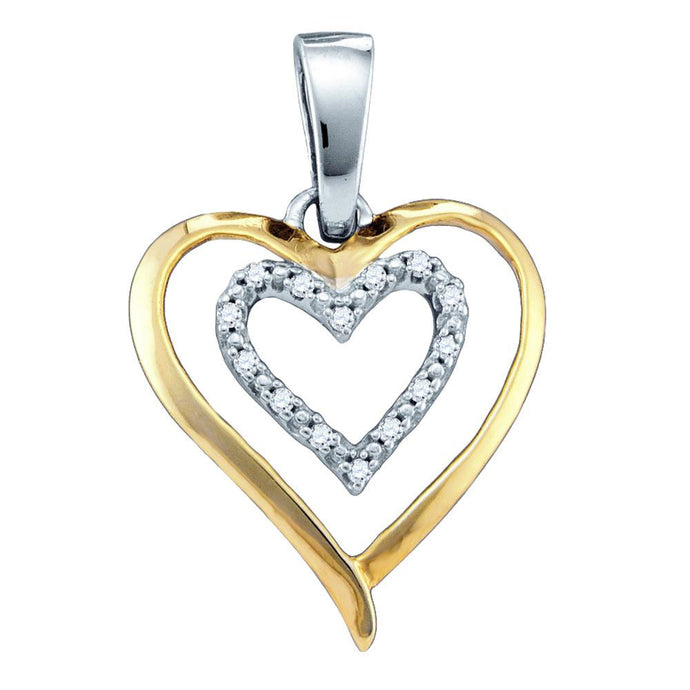 Sterling Silver Two-tone Womens Round Diamond Double Heart Pendant 1/20 Cttw