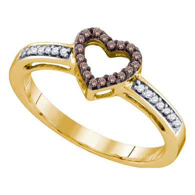 10kt Yellow Gold Womens Round Brown Diamond Heart Ring 1/8 Cttw