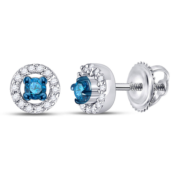 10kt White Gold Womens Round Blue Color Enhanced Diamond Halo Earrings 1/5 Cttw