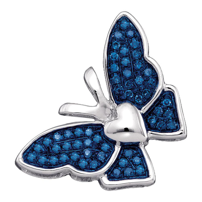 10kt White Gold Womens Round Blue Color Enhanced Diamond Butterfly Bug Pendant 1/6 Cttw