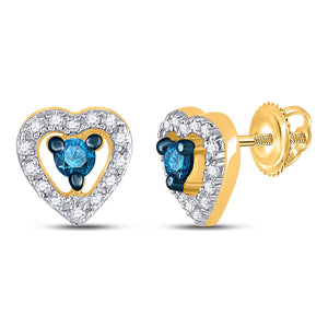 10kt Yellow Gold Womens Round Blue Color Enhanced Diamond Heart Earrings 1/5 Cttw