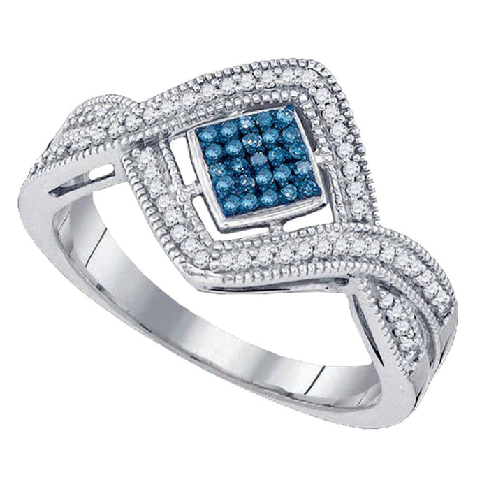 10kt White Gold Womens Round Blue Color Enhanced Diamond Square Frame Cluster Ring 1/6 Cttw