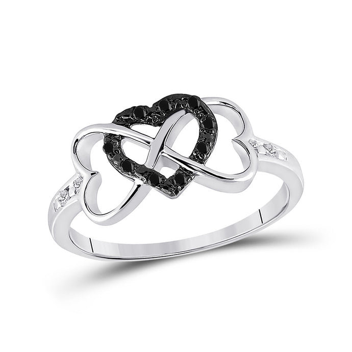 Sterling Silver Womens Round Black Color Enhanced Diamond Triple Trinity Heart Ring 1/10 Cttw