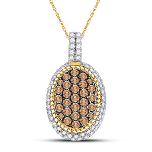 10kt Yellow Gold Womens Round Brown Diamond Oval Rope Frame Cluster Pendant 1 Cttw