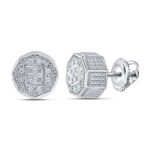 Sterling Silver Unisex Round Diamond Octagon Cluster Stud Earrings 1/10 Cttw
