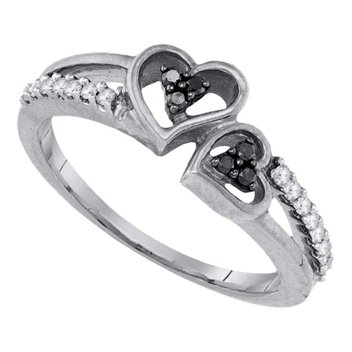 Sterling Silver Womens Round Black Color Enhanced Diamond Double Heart Ring 1/5 Cttw