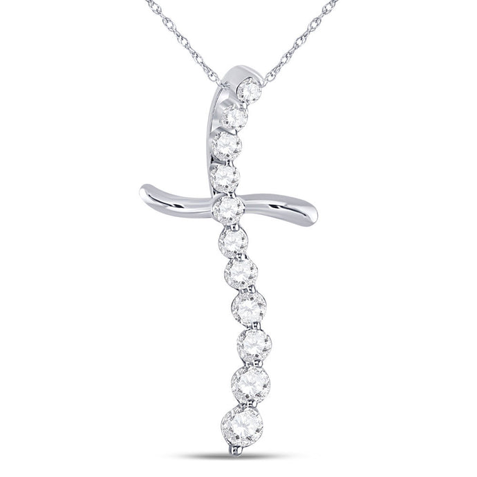 10kt White Gold Womens Round Diamond Curved Cross Pendant 1/4 Cttw