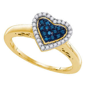Yellow-tone Sterling Silver Womens Round Blue Color Enhanced Diamond Heart Ring 1/6 Cttw