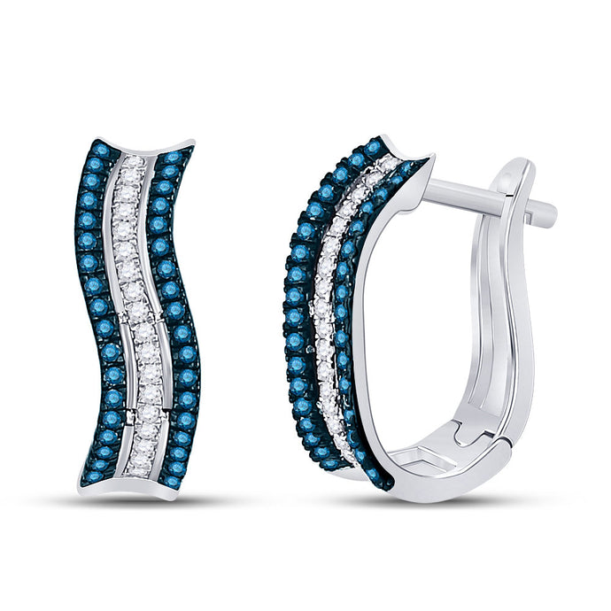10kt White Gold Womens Round Blue Color Enhanced Diamond Striped Hoop Earrings 1/4 Cttw