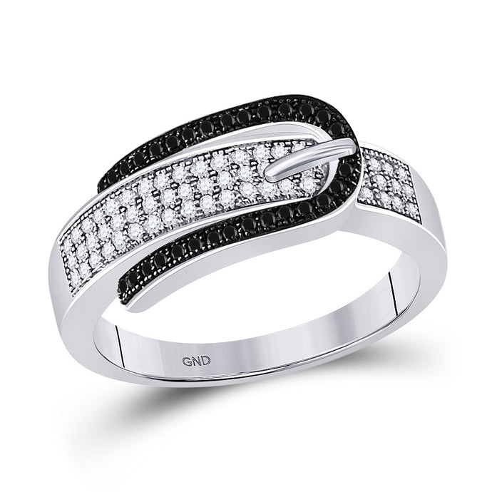 10kt White Gold Womens Round Black Color Enhanced Diamond Belt Buckle Band Ring 1/4 Cttw