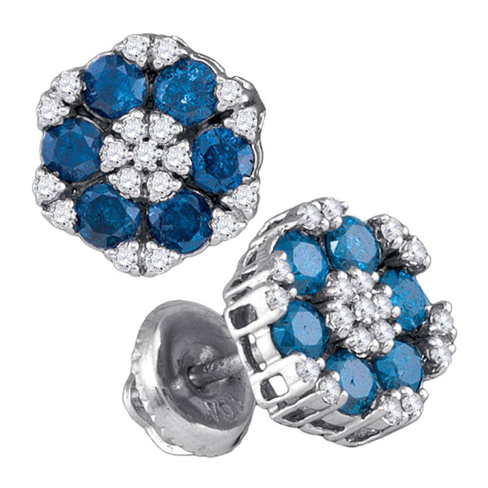 10kt White Gold Womens Round Blue Color Enhanced Diamond Cluster Earrings 1 Cttw