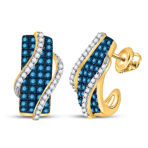 10kt Yellow Gold Womens Round Blue Color Enhanced Diamond Half J Hoop Earrings 1 Cttw