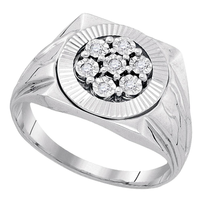 Sterling Silver Mens Round Diamond Flower Cluster Illusion-set Ring 1/10 Cttw