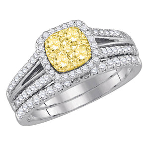 14kt White Gold Womens Round Yellow Diamond Bridal Wedding Ring Band Set 1 Cttw