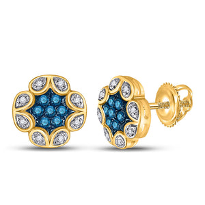 10kt Yellow Gold Womens Round Blue Color Enhanced Diamond Cluster Earrings 1/5 Cttw