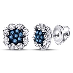 10kt White Gold Womens Round Blue Color Enhanced Diamond Cluster Earrings 1/5 Cttw
