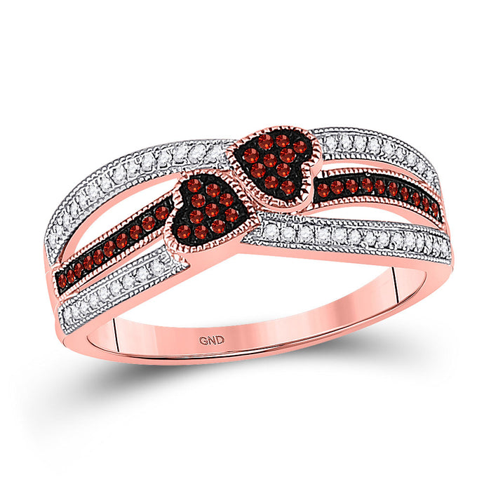 10kt Rose Gold Womens Round Red Color Enhanced Diamond Double Heart Striped Ring 1/5 Cttw