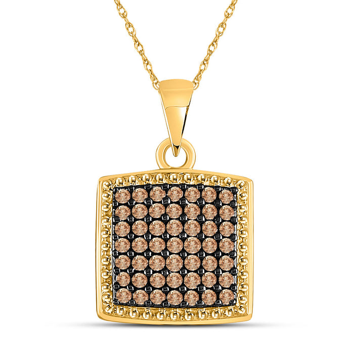 10kt Yellow Gold Womens Round Brown Diamond Square Pendant 1/2 Cttw