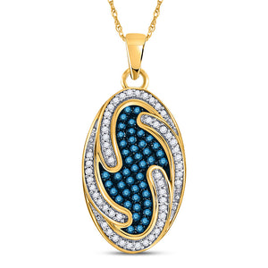 10kt Yellow Gold Womens Round Blue Color Enhanced Diamond Oval Wave Pendant 1/2 Cttw