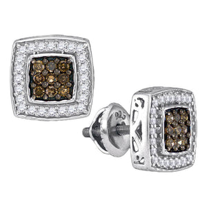 10kt White Gold Womens Round Brown Diamond Square Cluster Earrings 1/2 Cttw