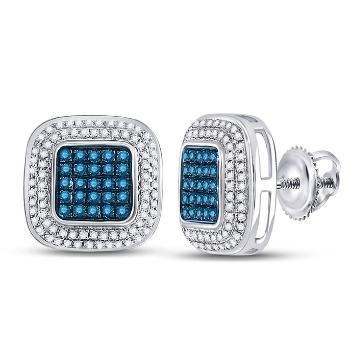10kt White Gold Womens Round Blue Color Enhanced Diamond Square Cluster Earrings 1/2 Cttw