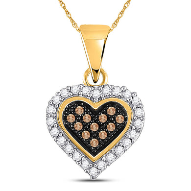 10kt Yellow Gold Womens Round Brown Diamond Heart Cluster Pendant 1/8 Cttw
