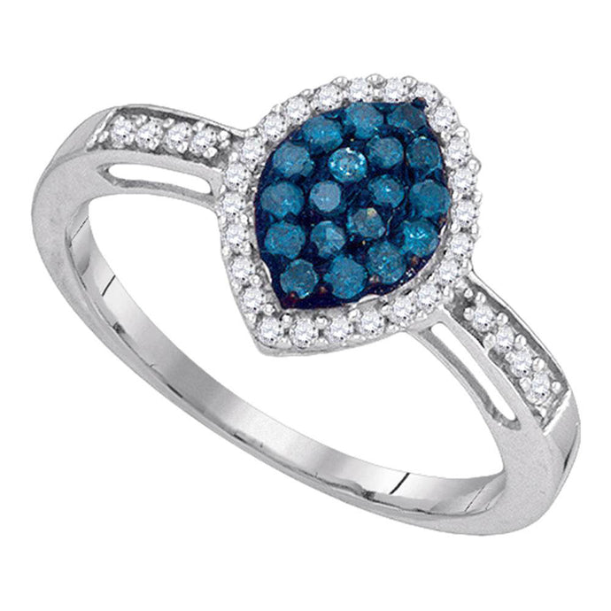 10kt White Gold Womens Round Blue Color Enhanced Diamond Oval Frame Cluster Ring 1/3 Cttw